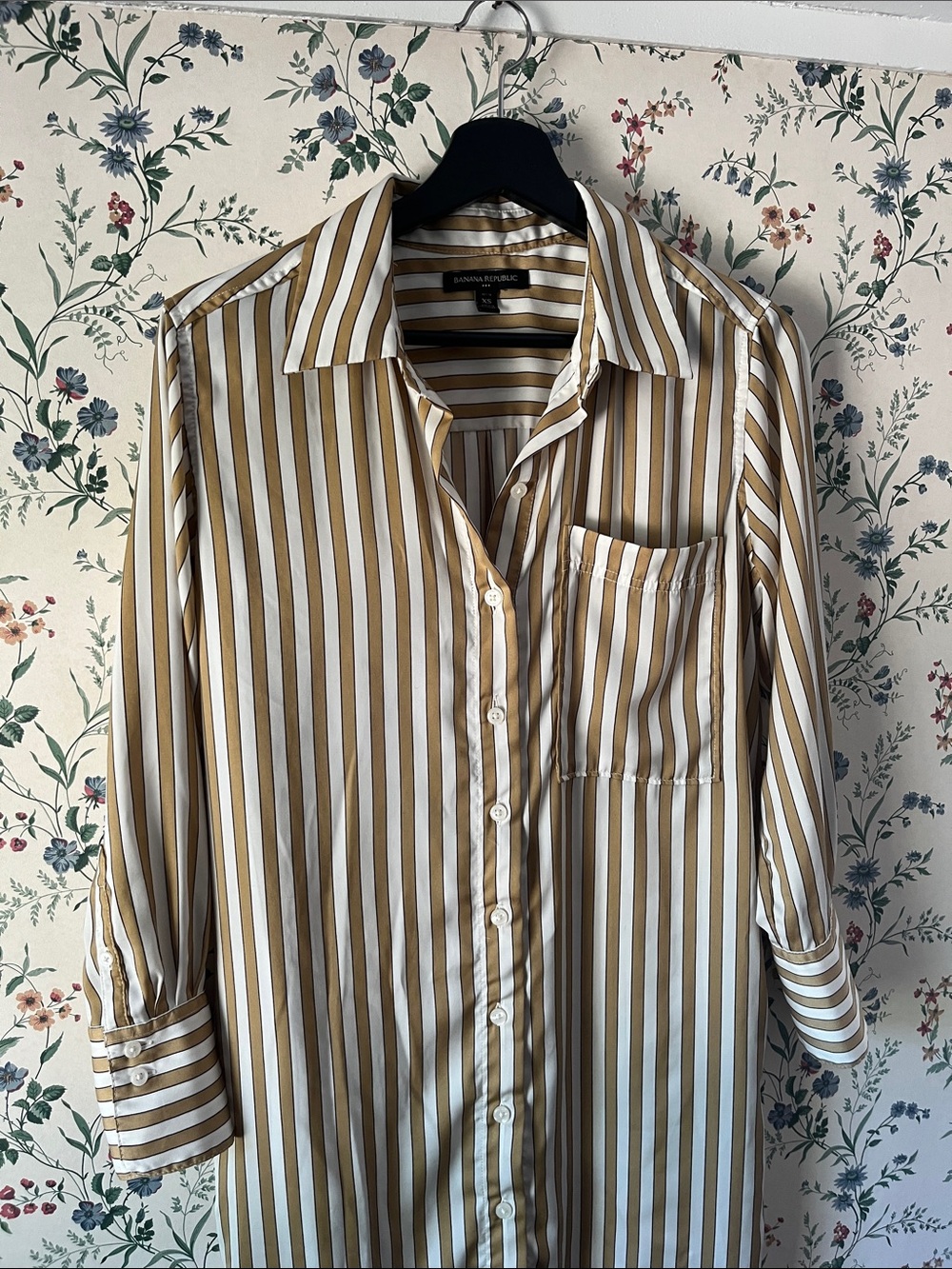 BR Striped Button-Down Shirt Dress in Tan and White - Picture 3 of 12